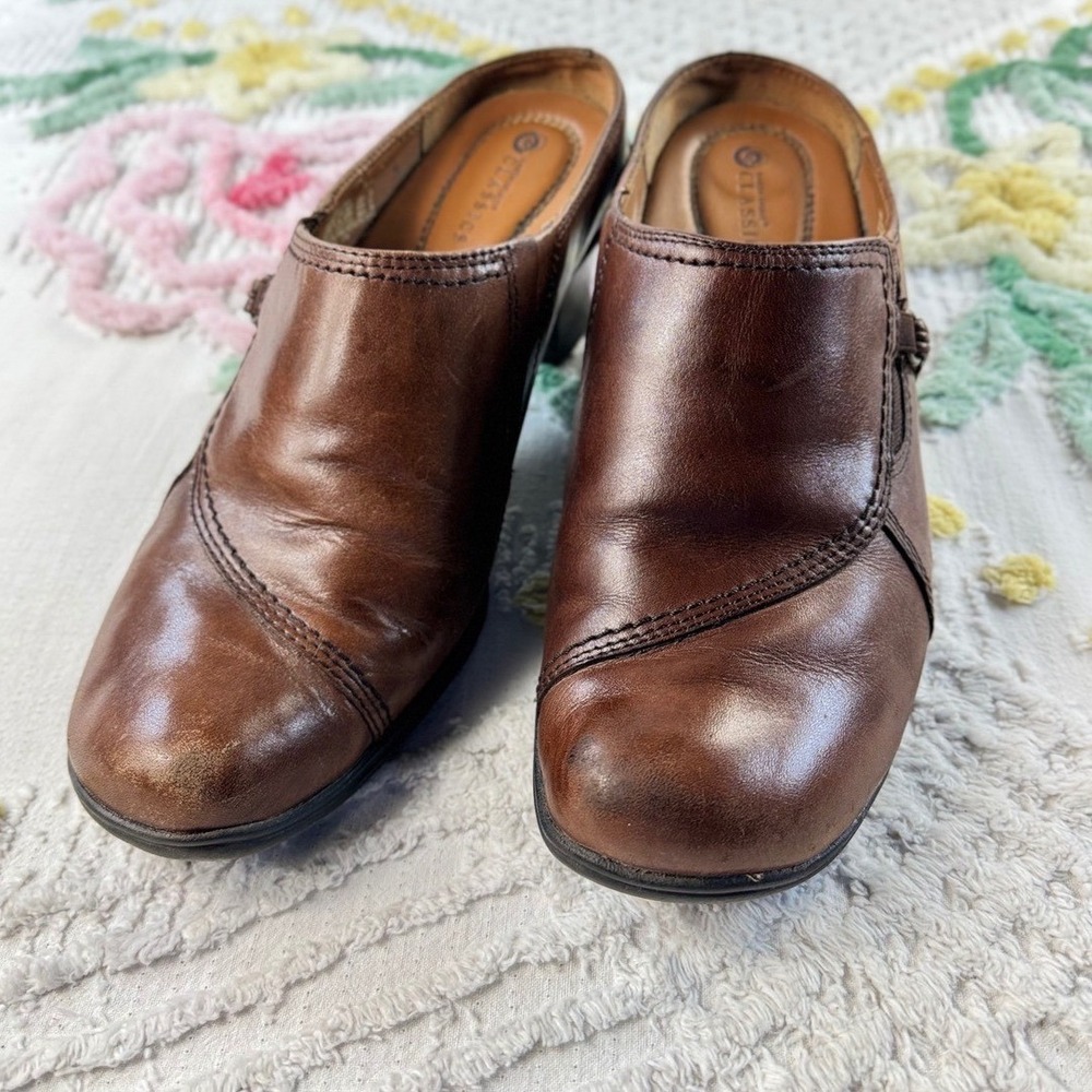 Earth Spirit Classics Brown Leather Mules Block Heel Slip On Clogs Shoes 39